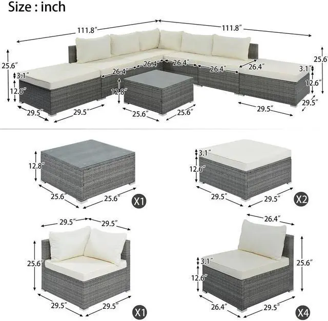 Alt view image 7 of 7 - 8-Pieces Outdoor Patio Furniture Sets, Garden Conversation Wicker Sofa Set, Single Sofa Combinable, Beige Cushions Gray Wicker