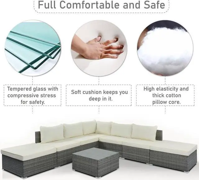 Alt view image 5 of 7 - 8-Pieces Outdoor Patio Furniture Sets, Garden Conversation Wicker Sofa Set, Single Sofa Combinable, Beige Cushions Gray Wicker