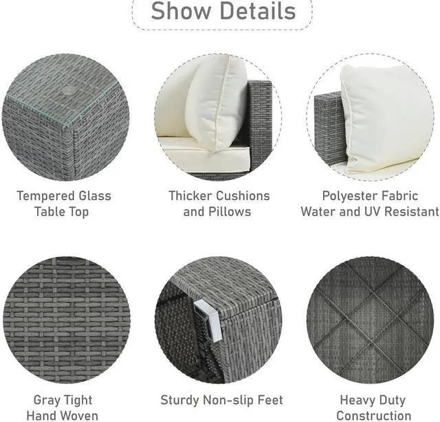 Alt view image 6 of 7 - 8-Pieces Outdoor Patio Furniture Sets, Garden Conversation Wicker Sofa Set, Single Sofa Combinable, Beige Cushions Gray Wicker