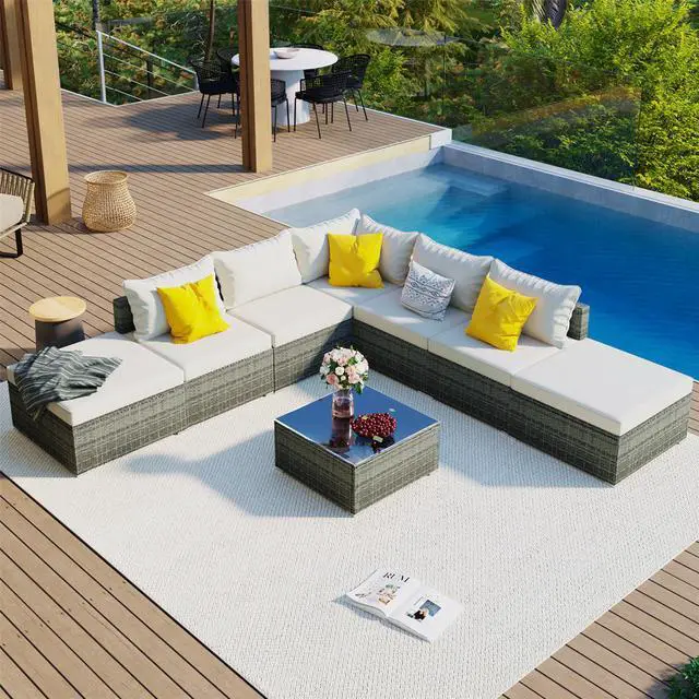 Main image of 8-Pieces Outdoor Patio Furniture Sets, Garden Conversation Wicker Sofa Set, Single Sofa Combinable, Beige Cushions Gray Wicker