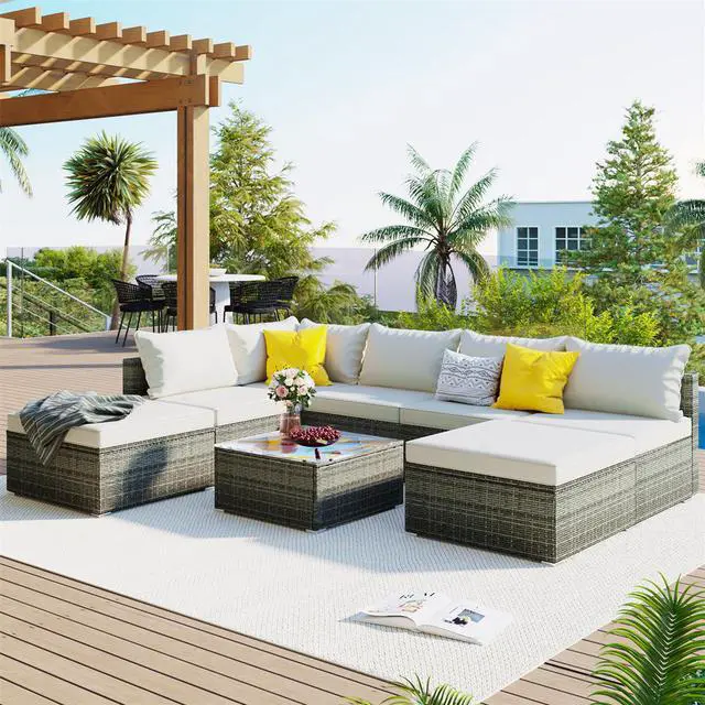Alt view image 2 of 7 - 8-Pieces Outdoor Patio Furniture Sets, Garden Conversation Wicker Sofa Set, Single Sofa Combinable, Beige Cushions Gray Wicker