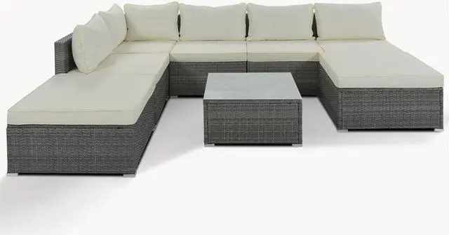 Alt view image 3 of 7 - 8-Pieces Outdoor Patio Furniture Sets, Garden Conversation Wicker Sofa Set, Single Sofa Combinable, Beige Cushions Gray Wicker