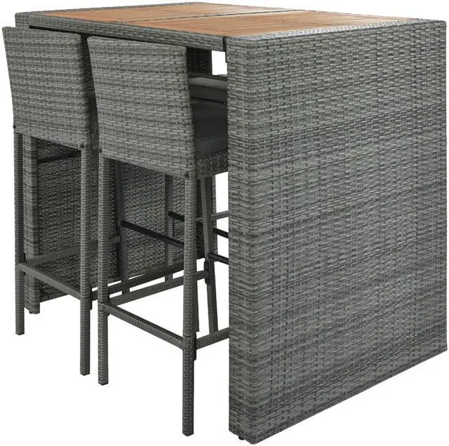 Alt view image 4 of 7 - 5-pieces Outdoor Patio Wicker Bar Set, Bar Height Chairs With Non-Slip Feet And Fixed Rope, Removable Cushion, Acacia Wood Table Top, Brown Wood And Gray Wicker