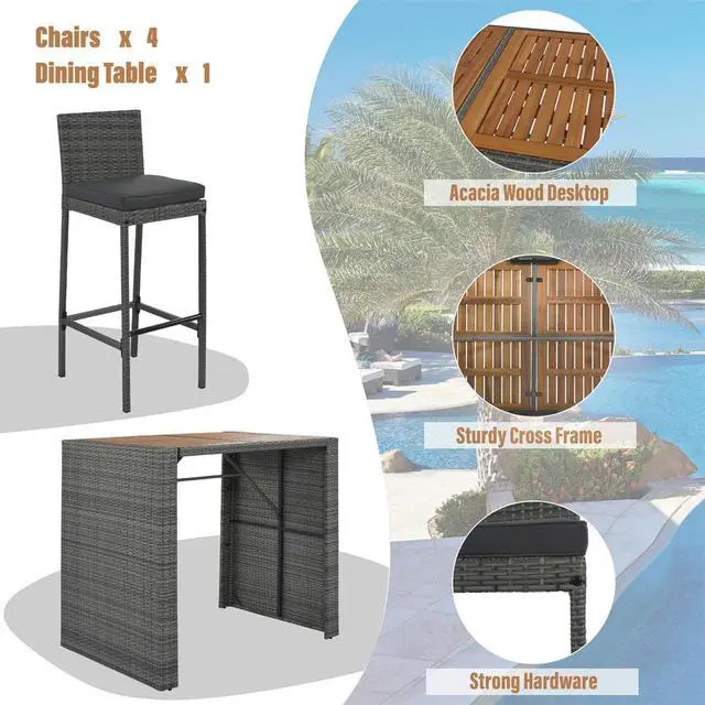 Alt view image 5 of 7 - 5-pieces Outdoor Patio Wicker Bar Set, Bar Height Chairs With Non-Slip Feet And Fixed Rope, Removable Cushion, Acacia Wood Table Top, Brown Wood And Gray Wicker