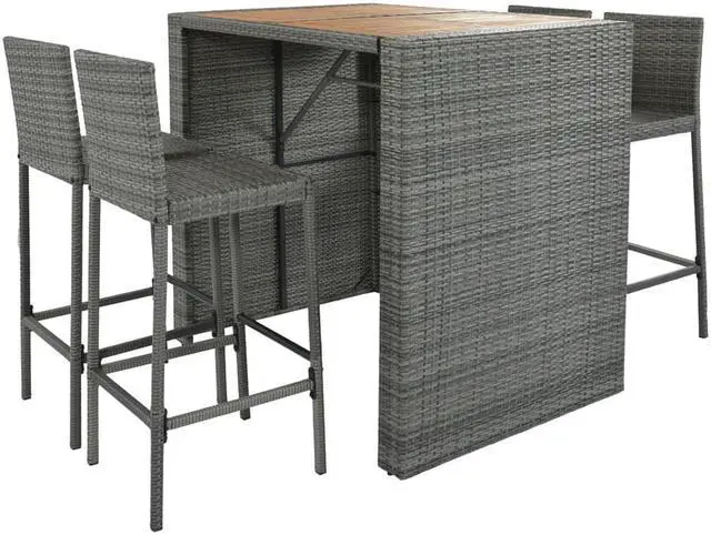 Alt view image 3 of 7 - 5-pieces Outdoor Patio Wicker Bar Set, Bar Height Chairs With Non-Slip Feet And Fixed Rope, Removable Cushion, Acacia Wood Table Top, Brown Wood And Gray Wicker