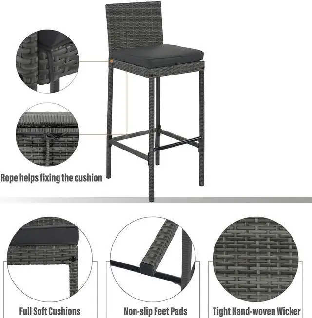 Alt view image 6 of 7 - 5-pieces Outdoor Patio Wicker Bar Set, Bar Height Chairs With Non-Slip Feet And Fixed Rope, Removable Cushion, Acacia Wood Table Top, Brown Wood And Gray Wicker