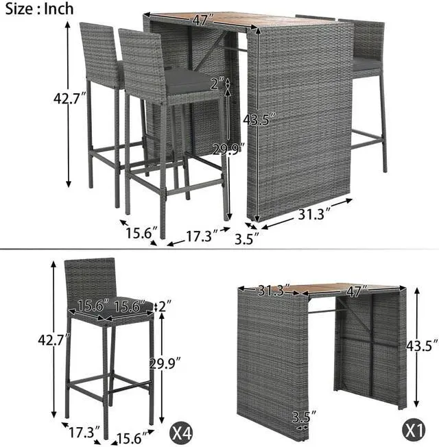 Alt view image 7 of 7 - 5-pieces Outdoor Patio Wicker Bar Set, Bar Height Chairs With Non-Slip Feet And Fixed Rope, Removable Cushion, Acacia Wood Table Top, Brown Wood And Gray Wicker