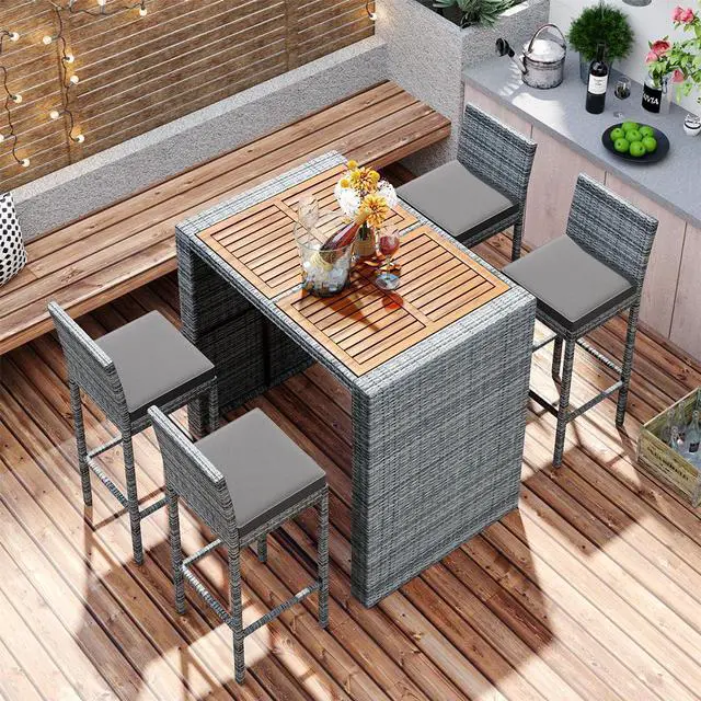 Main image of 5-pieces Outdoor Patio Wicker Bar Set, Bar Height Chairs With Non-Slip Feet And Fixed Rope, Removable Cushion, Acacia Wood Table Top, Brown Wood And Gray Wicker