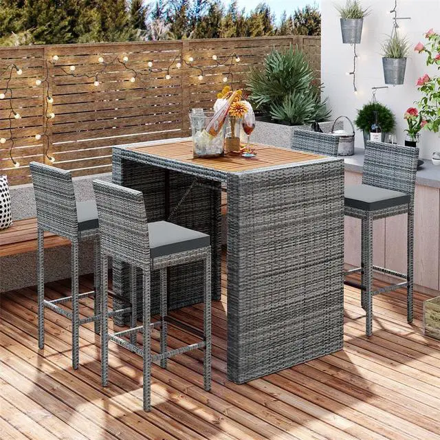 Alt view image 2 of 7 - 5-pieces Outdoor Patio Wicker Bar Set, Bar Height Chairs With Non-Slip Feet And Fixed Rope, Removable Cushion, Acacia Wood Table Top, Brown Wood And Gray Wicker