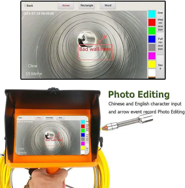 Alt view image 3 of 14 - VisiPower AHD1080P 7" Touch Screen Pipe Sewer Inspection Video1080P HD Camera,6W LED Light/Meter Counter/Video recording / Wifi / Photo Editing/50m/164ft Cable Length