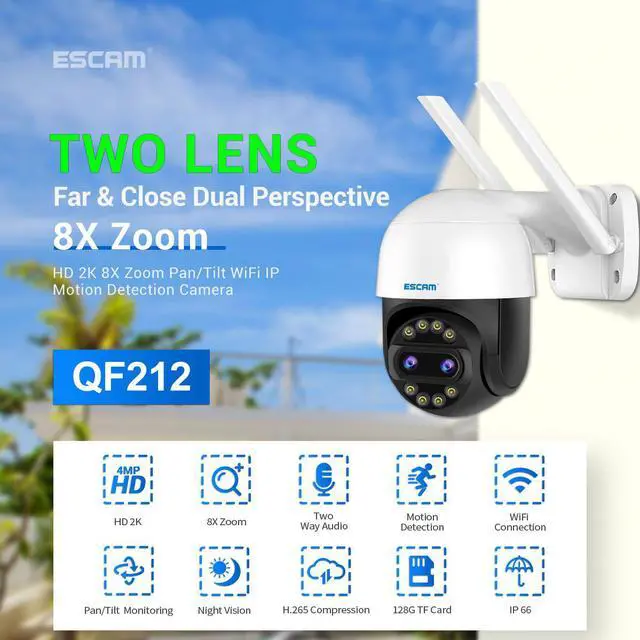 Main image of ESCAM QF212 4MP 8Xzoom far&close two lens two screens viewing Pan/Tilt AI Humanoid Detection Auto Tracking Cloud Storage Waterproof WiFi IP Camera with Two Way Audio Night Vision