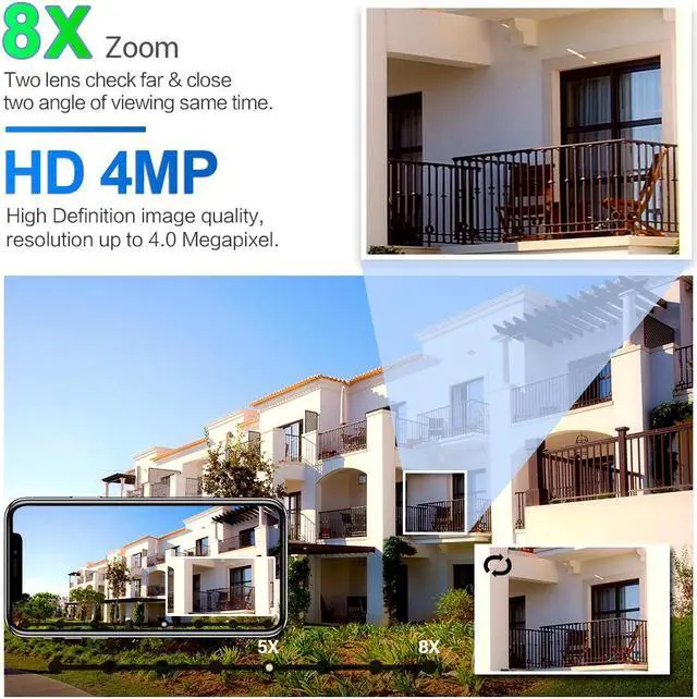 Alt view image 2 of 7 - ESCAM QF212 4MP 8Xzoom far&close two lens two screens viewing Pan/Tilt AI Humanoid Detection Auto Tracking Cloud Storage Waterproof WiFi IP Camera with Two Way Audio Night Vision