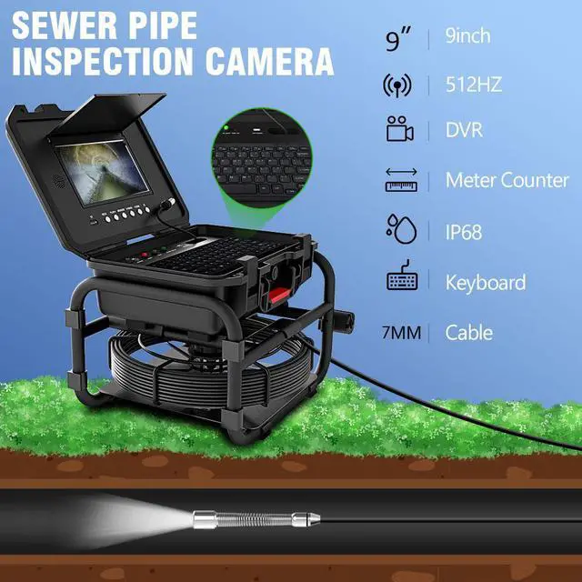 Main image of Industrial Plumbing Tools & Equipment/Sewer Pipe Inspection Camera/9Inch IPS 1080P Screen and Self-Leveling/512HZ Locator Video+Audio Recording 5X Image Enlarge+Meter Counter 8 hours continuous use