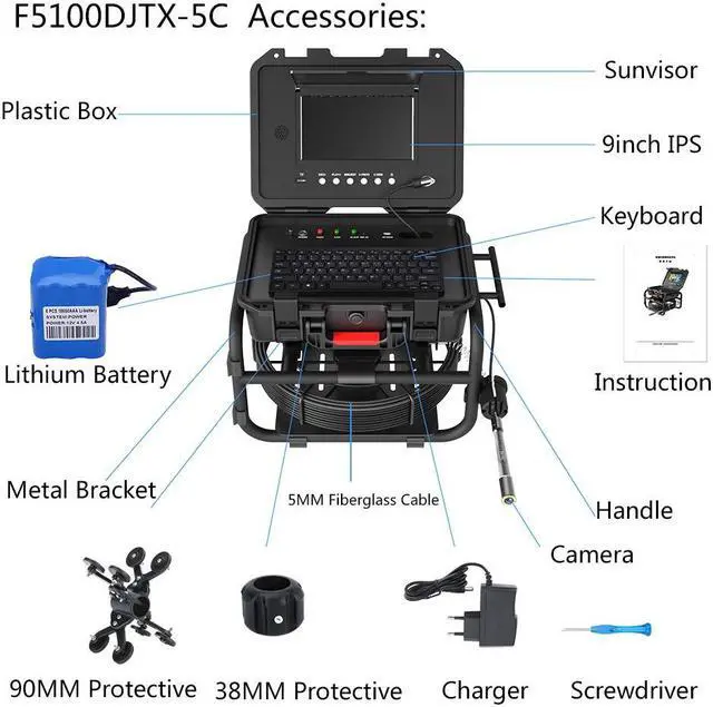 Alt view image 7 of 7 - VisiPower Industrial Sewer Pipe Inspection Camera 9Inch IPS 1080P Screen and  512HZ Locator Video+Audio Recording 5X Image Enlarge+Meter Counter 8 hours continuous work Cable length 60m/197ft