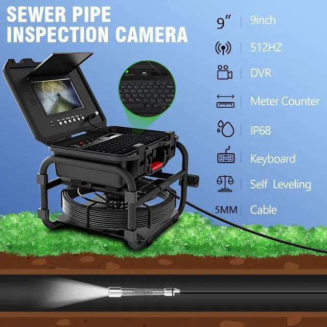 Main image of VisiPower Industrial Sewer Pipe Inspection Camera 9Inch IPS 1080P Screen and  512HZ Locator Video+Audio Recording 5X Image Enlarge+Meter Counter 8 hours continuous work Cable length 20m/65ft