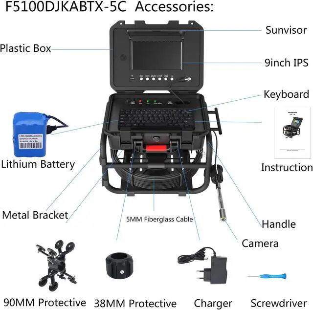 Alt view image 7 of 7 - VisiPower Industrial Sewer Pipe Inspection Camera 9Inch IPS 1080P Screen and  512HZ Locator Video+Audio Recording 5X Image Enlarge+Meter Counter 8 hours continuous work Cable length 20m/65ft