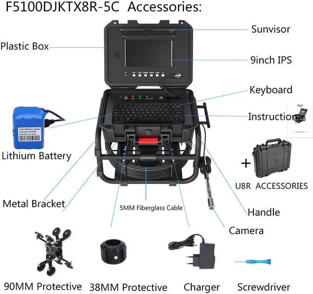 Alt view image 7 of 7 - VisiPower Sewer Pipe Inspection Camera 9Inch IPS 1080P Screen and  512HZ Locator Video+Audio Recording 5X Image Enlarge+Meter Counter/ 8 hours continuous use Industrial Cable length 20m/65ft