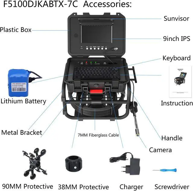 Alt view image 7 of 7 - VisiPower 8 hours continuous use  Pipe Inspection Camera 9Inch IPS 1080P Screen and Self-Leveling 7mm Cable 512HZ Locator Video+Audio Recording 5X Image Enlarge+Meter Counter length 30m/98ft