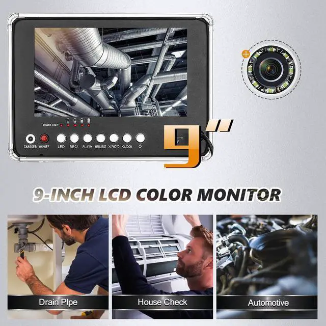 Alt view image 4 of 7 - VisiPower Support 4 hours of continuous use,17MM  Sewer Pipe Inspection Camera  with DVR 16GB TF Card, Sewer Drain Industrial Endoscope 9" Monitor AHD System 720P Cable Length 20m/65ft  Camera