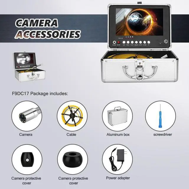 Alt view image 7 of 7 - VisiPower Support 4 hours of continuous use,17MM  Sewer Pipe Inspection Camera  with DVR 16GB TF Card, Sewer Drain Industrial Endoscope 9" Monitor AHD System 720P Cable Length 25m/81ft Camera