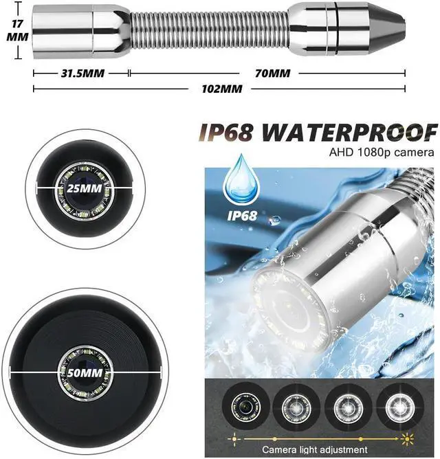 Alt view image 3 of 7 - VisiPower Support 4 hours of continuous use,17MM  Sewer Pipe Inspection Camera  with DVR 16GB TF Card, Sewer Drain Industrial Endoscope 9" Monitor AHD 720P  Camera  System Cable Length 30m/98ft