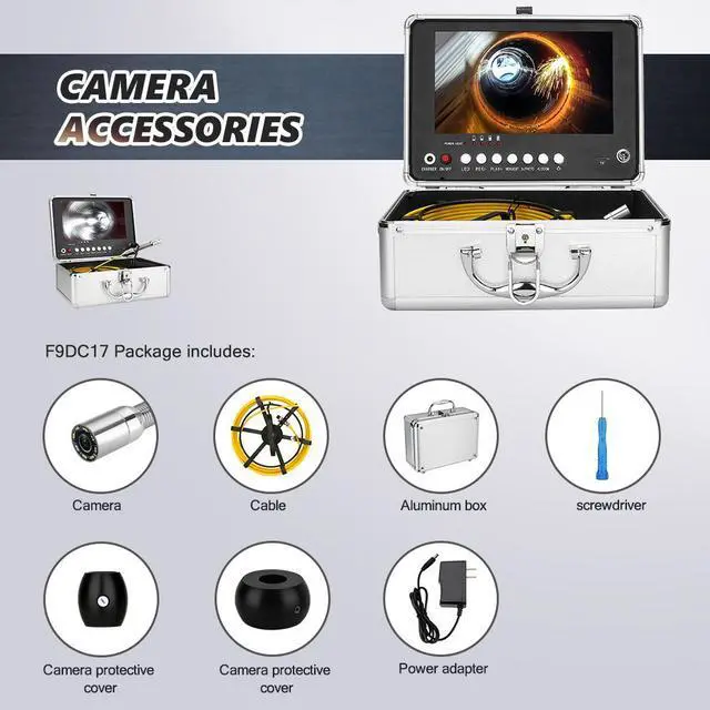 Alt view image 7 of 7 - VisiPower Support 4 hours of continuous use,17MM  Sewer Pipe Inspection Camera  with DVR 16GB TF Card, Sewer Drain Industrial Endoscope 9" Monitor AHD 720P  Camera  System Cable Length 30m/98ft