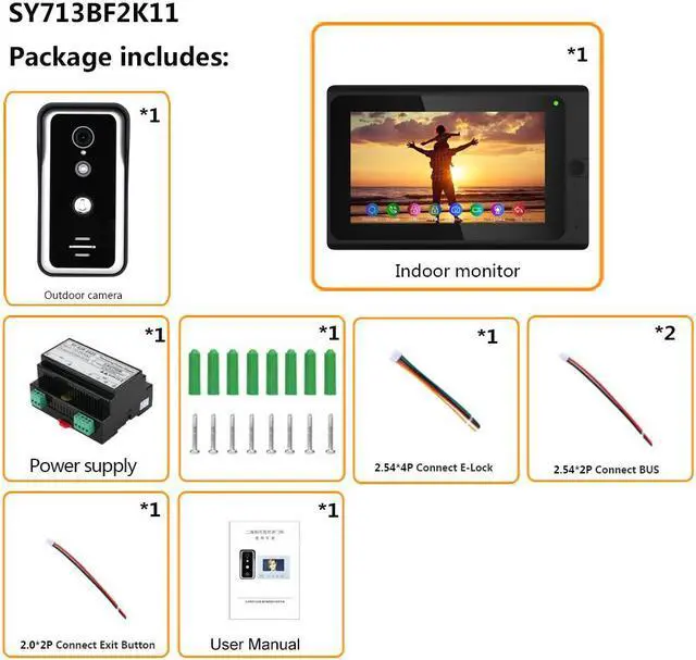 Alt view image 7 of 7 - 7 Inch Wired WIFI Doorbell Monitor BUS 2 Wire Video Door Phone Intercom systems with HD 1000TVL Camera Night Vision,Support Remote APP unlocking,Recording, 1 Doorbell + 1 Monitor