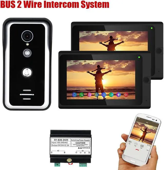 Main image of 7 Inch Wired WIFI Doorbell Monitor BUS 2 Wire Video Door Phone Intercom systems with HD 1000TVL Camera Night Vision,Support Remote APP unlocking,Recording,  1 doorbell + 2 monitor