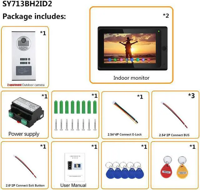 Alt view image 7 of 7 - Wired WIFI 7 Inch Monitor BUS 2 Wire Video Door Phone Intercom systems Kit for home 2 Units Apartment Night Vision Support Remote APP Doorbell,1 Doorbell + 2 Monitor