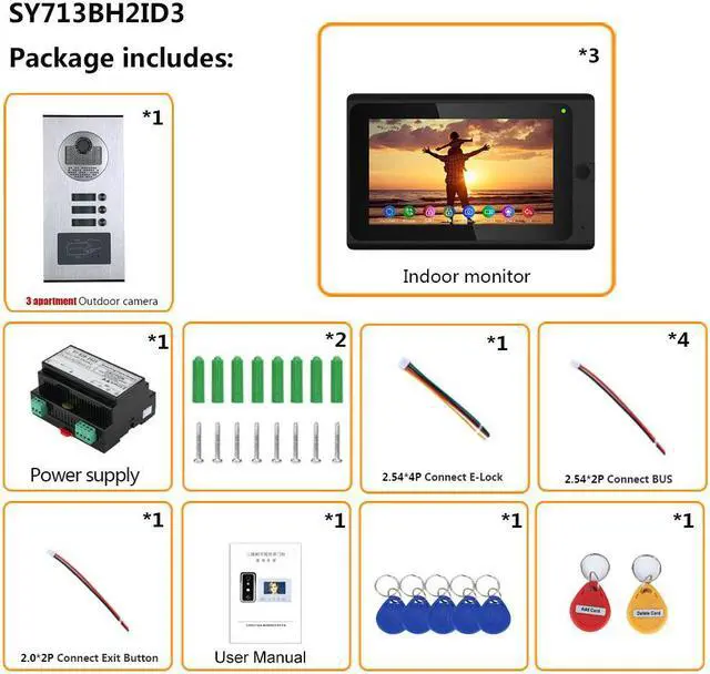 Alt view image 7 of 7 - Wired WIFI 7 Inch Doorbell Monitor BUS 2 Wire Video Door Phone Intercom systems Kit for home 3 Units Apartment  Night Vision  Support Remote APP 3 Monitors +1 Camera