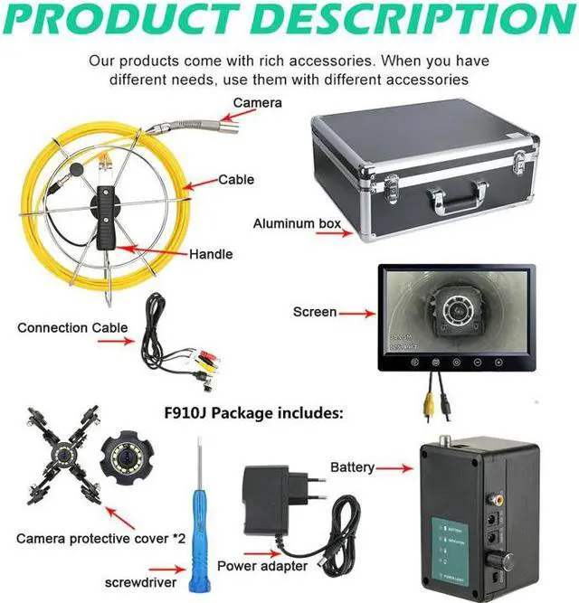 Alt view image 7 of 7 - VisiPower Sewer Pipe Inspection Camera With Meter Counter 10inch Monitor IP68 HD 1000TVL Drain Sewer Pipeline Industrial Endoscope System  Cable Length 30m/98ft