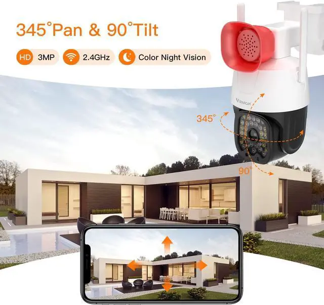Alt view image 3 of 7 - VisiPower 3MP Security Camera Outdoor/Home, 2.4GHz WiFi IP Camera with 2.5-Inch High-Decibel Speaker, 360° PTZ View, Motion Detection 2-Way Audio/Siren, Color Night Vision, Compatible with Alexa