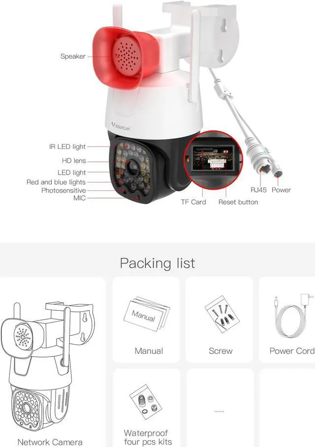 Alt view image 7 of 7 - VisiPower 3MP Security Camera Outdoor/Home, 2.4GHz WiFi IP Camera with 2.5-Inch High-Decibel Speaker, 360° PTZ View, Motion Detection 2-Way Audio/Siren, Color Night Vision, Compatible with Alexa