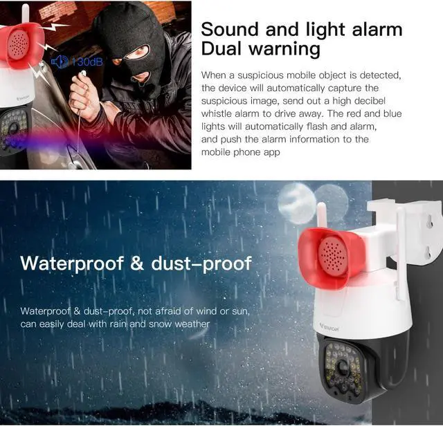 Alt view image 6 of 7 - VisiPower 3MP Security Camera Outdoor/Home, 2.4GHz WiFi IP Camera with 2.5-Inch High-Decibel Speaker, 360° PTZ View, Motion Detection 2-Way Audio/Siren, Color Night Vision, Compatible with Alexa