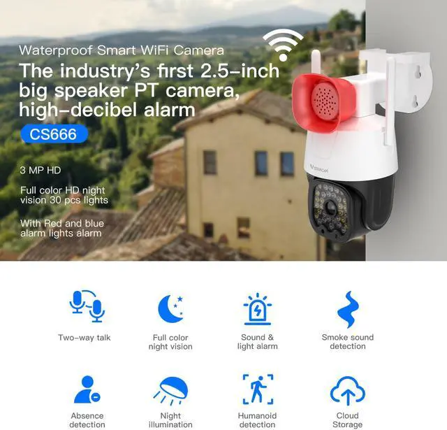 Main image of VisiPower 3MP Security Camera Outdoor/Home, 2.4GHz WiFi IP Camera with 2.5-Inch High-Decibel Speaker, 360° PTZ View, Motion Detection 2-Way Audio/Siren, Color Night Vision, Compatible with Alexa