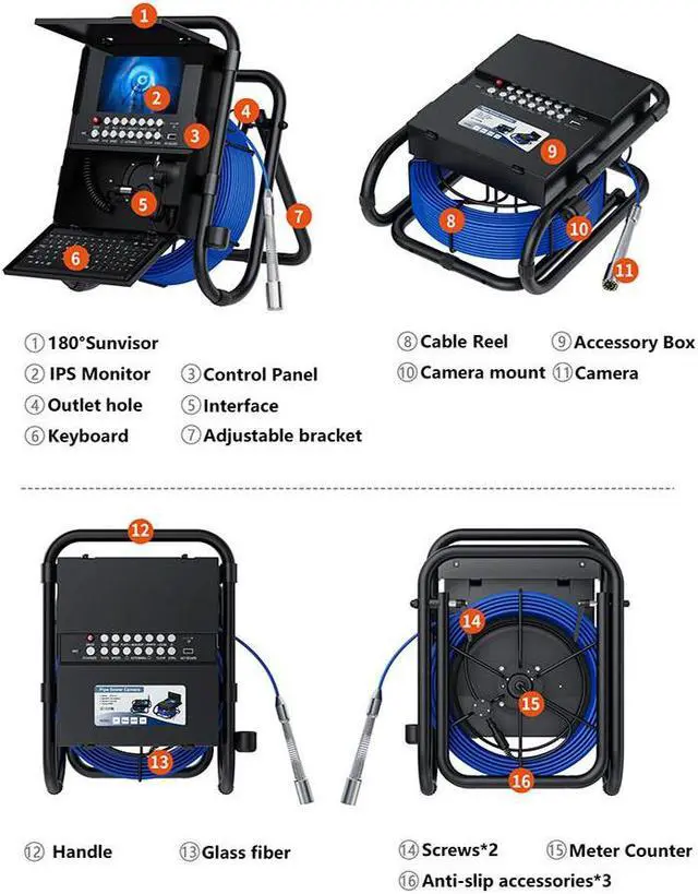 Alt view image 6 of 7 - VisiPower Sewer Pipe Inspection Camera withKeyboard +Meter Counter  DVR 16GB Card Video 23mm Endoscope Camera 7" Screen  Tube Lens IP68 Cable Length 20m/65ft