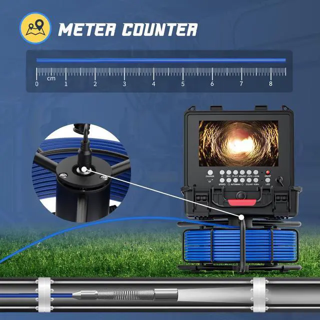 Alt view image 3 of 7 - VisiPower 9 inch Waterproof Meter Counter DVR Drain Sewer Inspection Video Endoscope Pipe Camera Borescope  with and Self-Leveling 512HZ Locator Cable Length 20m/65ft camera