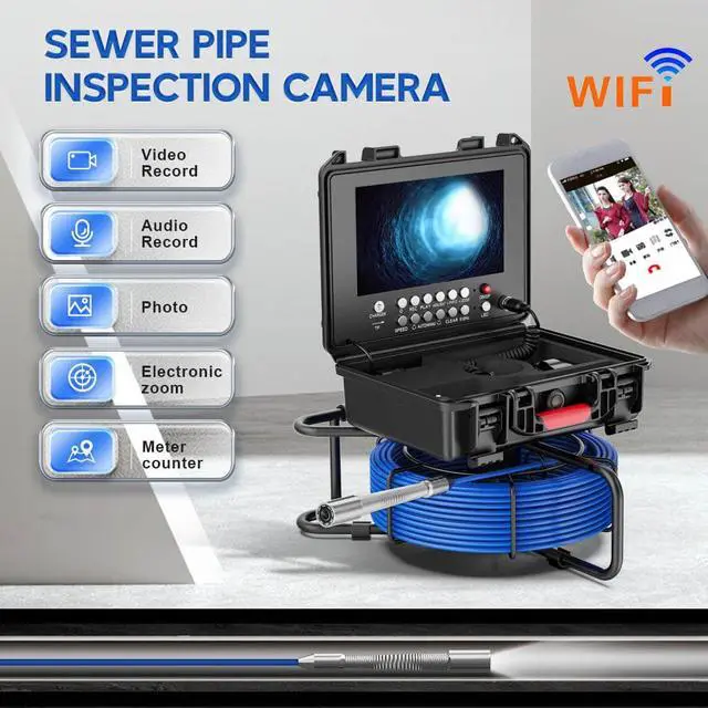 Main image of VisiPower 9in Ultra HD Wireless WiFi/DVR Distance Counter Sewer Pipe Inspection17mm Video Camera Drain Industrial Endoscope Cable Length 50m/164ft Camera