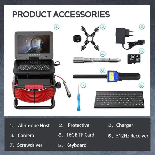 Alt view image 7 of 7 - VisiPower Sewer Pipe Inspection Camera 10 Inch IPS 1080P Screen and  512HZ Locator Video+Audio Recording 5X Image Enlarge+Meter Counter+5MM Fiberglass Cable Length 30m/98ft