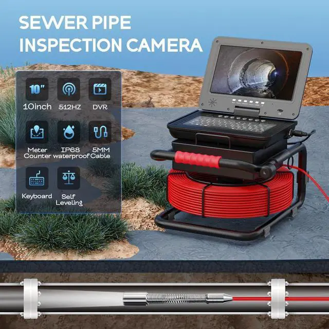 Alt view image 5 of 7 - VisiPower Sewer Pipe Inspection Camera 10 Inch IPS 1080P Screen and  512HZ Locator Video+Audio Recording 5X Image Enlarge+Meter Counter+5MM Fiberglass Cable Length 30m/98ft