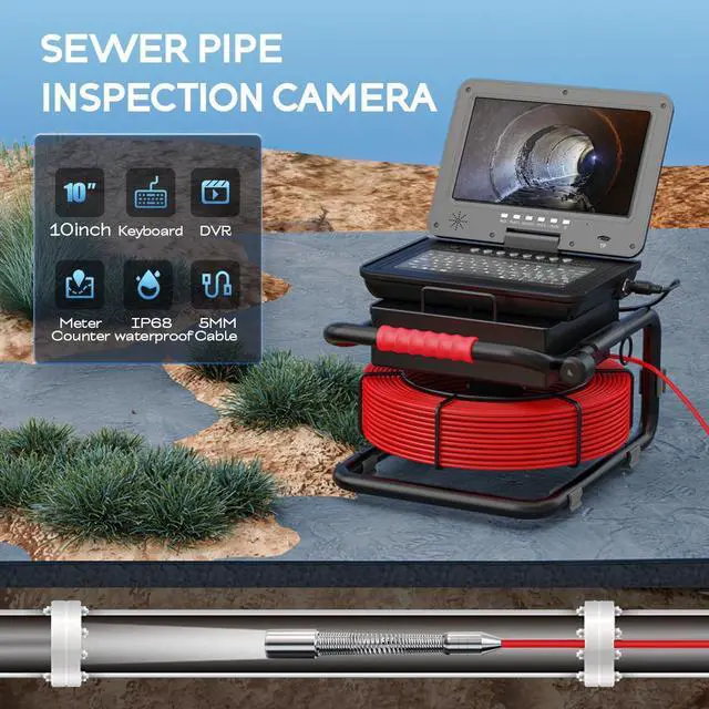 Main image of DVR Recorder Sewer Camera Pipe Video Inspection Camera, Hardest Fiberglass Cable 65ft/98ft/164ft, 10'' Screen, 1080P, video recording, Silicone Keyboard, Meter Counter, 5*Zoom 30m/98ft