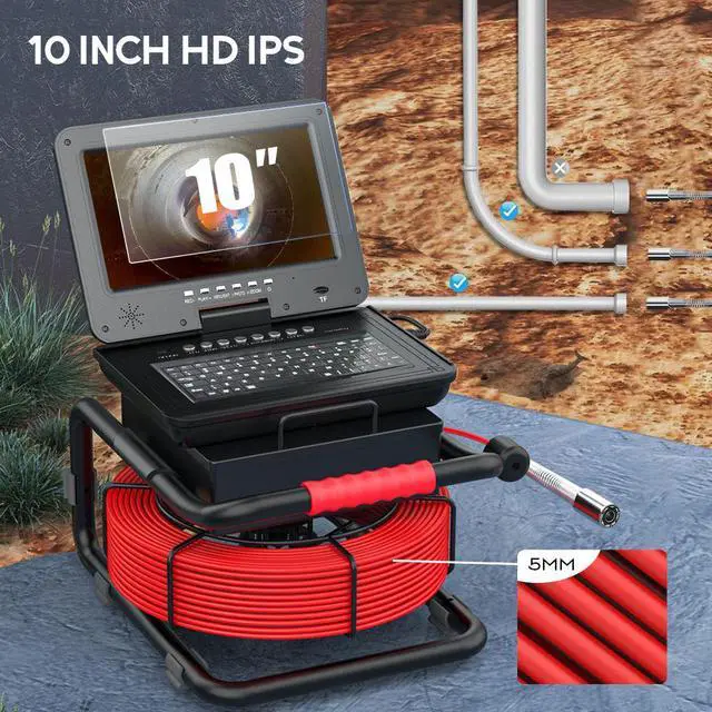 Alt view image 3 of 7 - DVR Recorder Sewer Camera Pipe Video Inspection Camera, Hardest Fiberglass Cable 65ft/98ft/164ft, 10'' Screen, 1080P, video recording, Silicone Keyboard, Meter Counter, 5*Zoom 30m/98ft