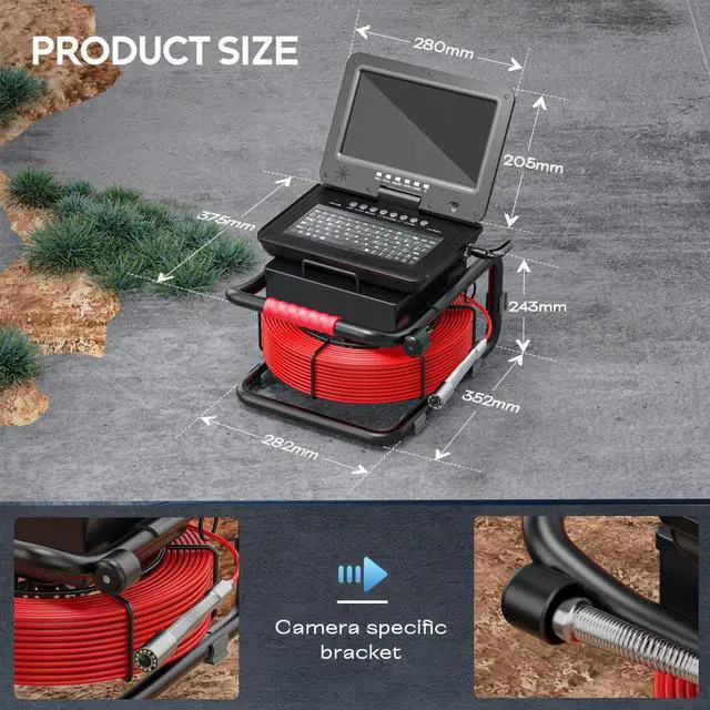 Alt view image 7 of 7 - DVR Recorder Sewer Camera Pipe Video Inspection Camera, Hardest Fiberglass Cable 65ft/98ft/164ft, 10'' Screen, 1080P, video recording, Silicone Keyboard, Meter Counter, 5*Zoom 30m/98ft