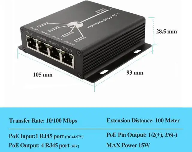 Alt view image 4 of 7 - 4 Ports PoE Extender 10/100M PoE Ports 10/100BASE-TX, IEEE802.3at For AP, IP Camera, IP Telephone Network Equipment 4 Channel PoE Repeater RJ45 4-Port POE Splitter PoE Amplifier Plug and Play