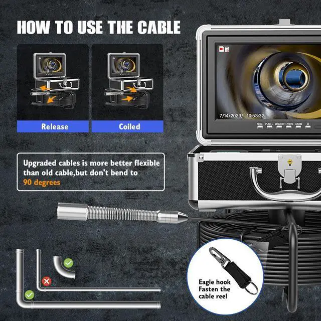 Alt view image 4 of 7 - VisiPower 10" AHD Screen Sewer Pipe Drain Inspection Pipeline  Endoscope DVR video recording, with 8 LED Lights for Plumber,  Inspection Equipment,Camera head dia 17MM Cable Length 20m/65ft Camera