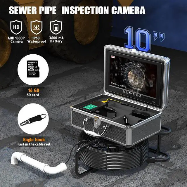 Alt view image 2 of 7 - VisiPower 10"AHD Sewer Pipe Drain Camera Pipeline Industrial Borescope DVR video recording, 12 LED Lights for Plumber Inspection Camera 512HZ Locator Receiver(Optional) , Cable Length 30m/98ft
