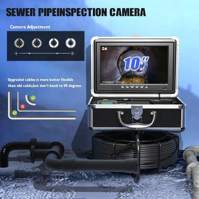 Alt view image 3 of 7 - VisiPower 10"AHD Sewer Pipe Drain Camera Pipeline Industrial Borescope DVR video recording, 12 LED Lights for Plumber Inspection Camera 512HZ Locator Receiver(Optional) , Cable Length 30m/98ft