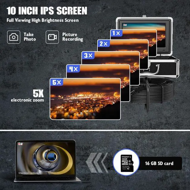 Alt view image 5 of 7 - VisiPower 10"AHD Sewer Pipe Drain Camera Pipeline Industrial Borescope DVR video recording, 12 LED Lights for Plumber Inspection Camera 512HZ Locator Receiver(Optional) , Cable Length 30m/98ft