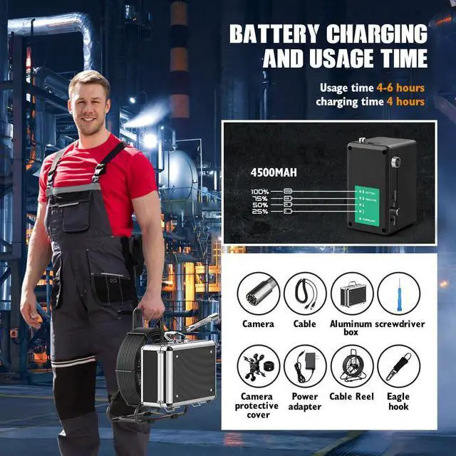 Alt view image 5 of 7 - VisiPower 10"AHD Sewer Pipe Drain Inspection Camera Pipeline Industrial Borescope DVR video recording, 12 LED Lights Plumber Inspection Camera 512HZ Locator Receiver(Optional) Cable Length 50m/164ft
