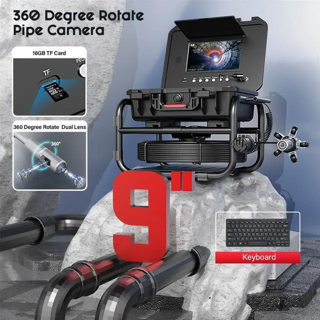 Alt view image 3 of 7 - VisiPower 9" Screen 360° Rotating Dual Lens Sewer Drain Pipe Endoscope Inspection Video Recording / Meter Counter / 5X Zoom 1080P 2MP Borescope Plumbing Cable Length 30m/98ft Camera Locator (Optional)